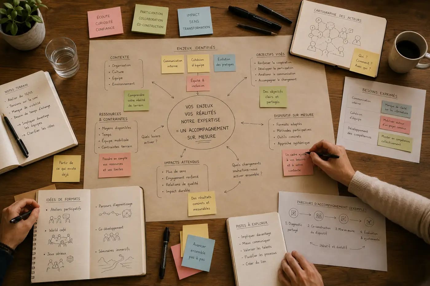 Accompagnement sur mesure construit à partir des enjeux terrain d’une organisation grâce à une démarche de diagnostic, d’analyse des besoins et de co-construction.