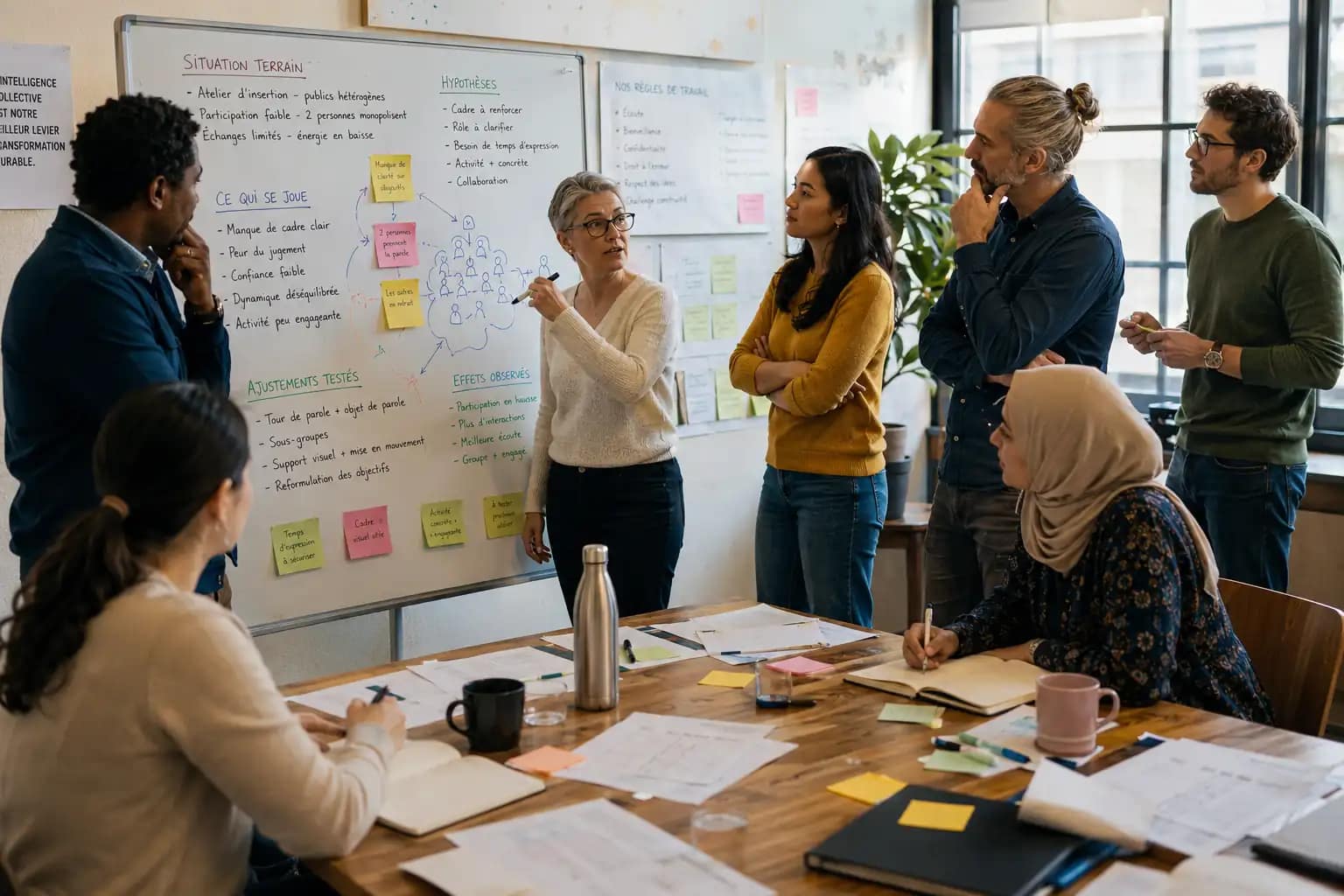 Formation expérientielle en intelligence collective : professionnels analysant une situation terrain et ajustant leurs pratiques lors d'un atelier collaboratif animé par Déclic & IMPACT.