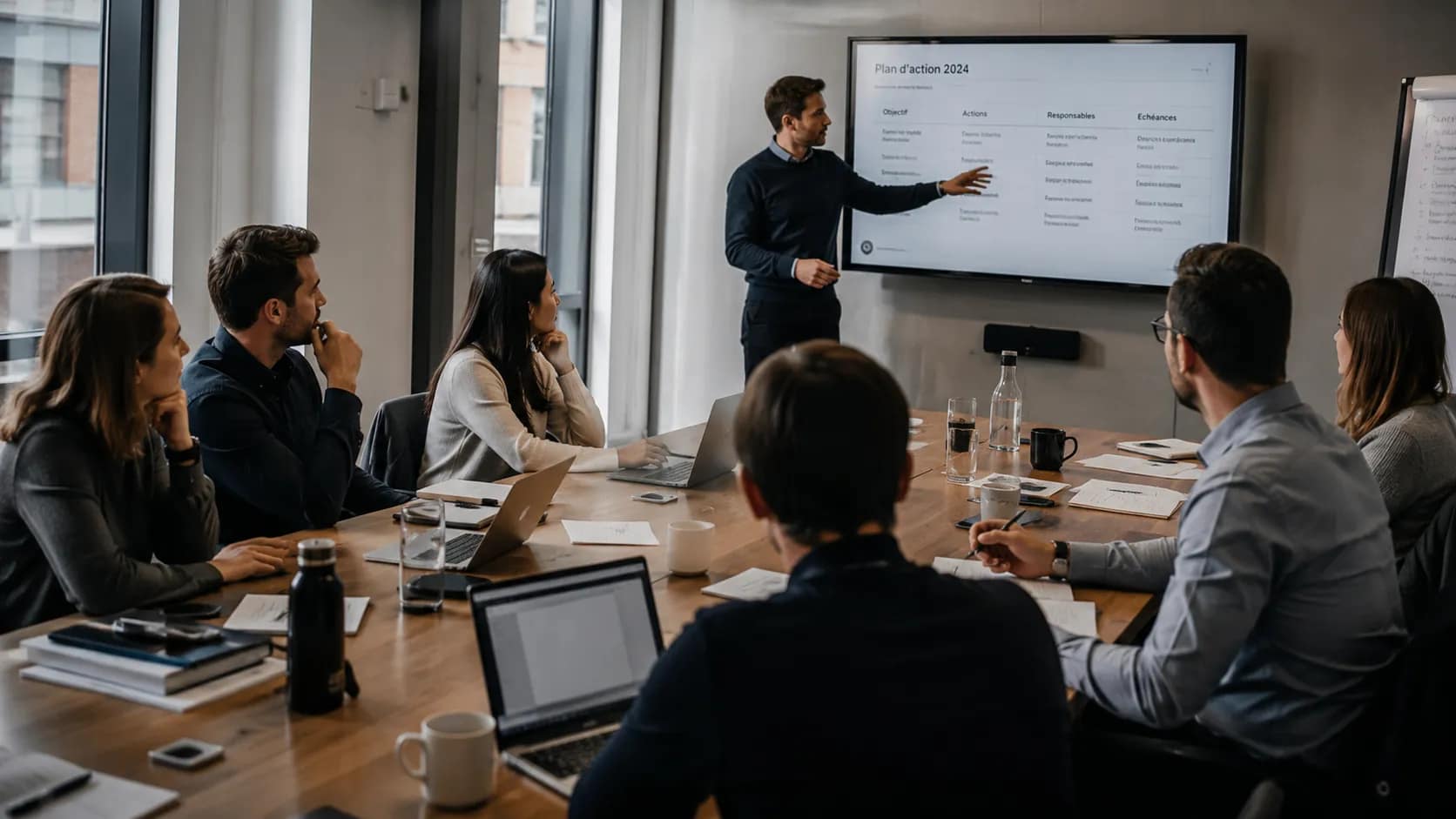 Réunion d'équipe en entreprise où un responsable présente une décision tandis que les collaborateurs réfléchissent à sa mise en œuvre.