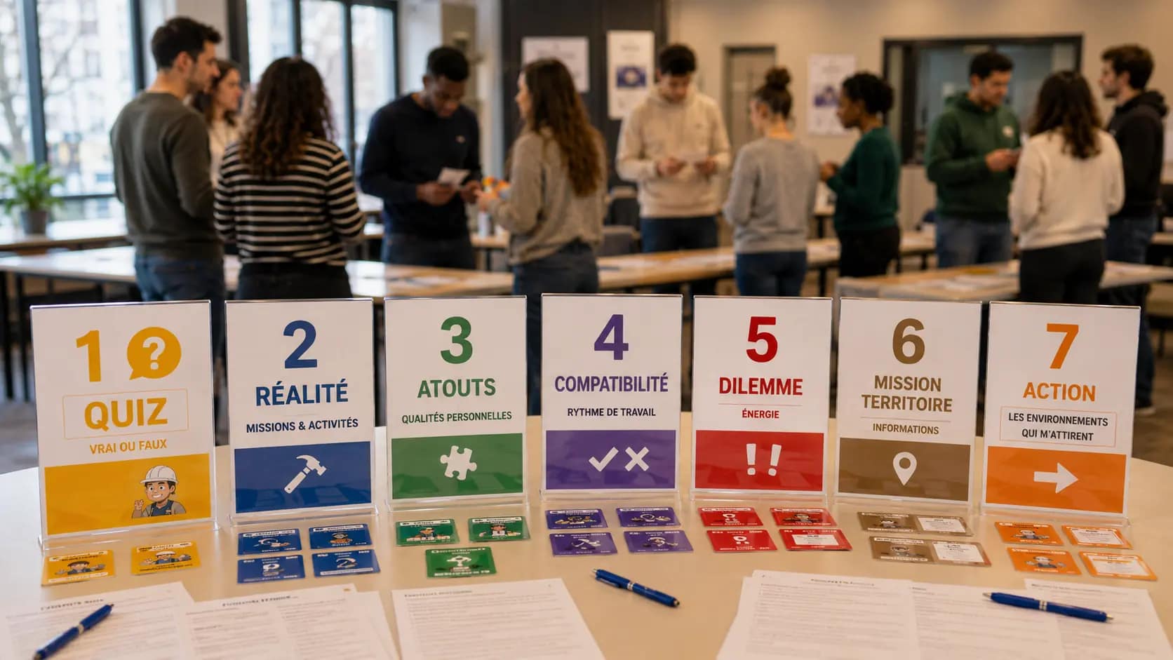 Participants réalisant le parcours pédagogique Déclic BTP autour de sept modules permettant de découvrir les métiers du bâtiment et des travaux publics à travers des activités interactives, des réflexions et des mises en situation.