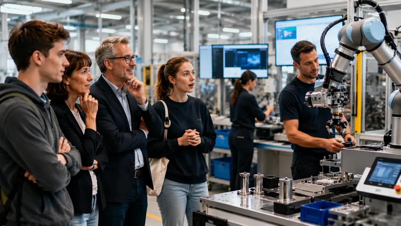 Visiteurs découvrant un atelier industriel moderne et technologique lors d'une immersion professionnelle.