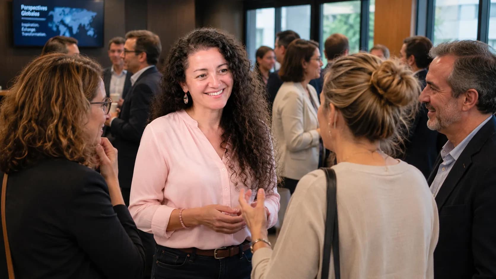Ptisham Tazi échange avec des participants après une conférence professionnelle, dans un moment de partage, de réflexion et d’intelligence collective.