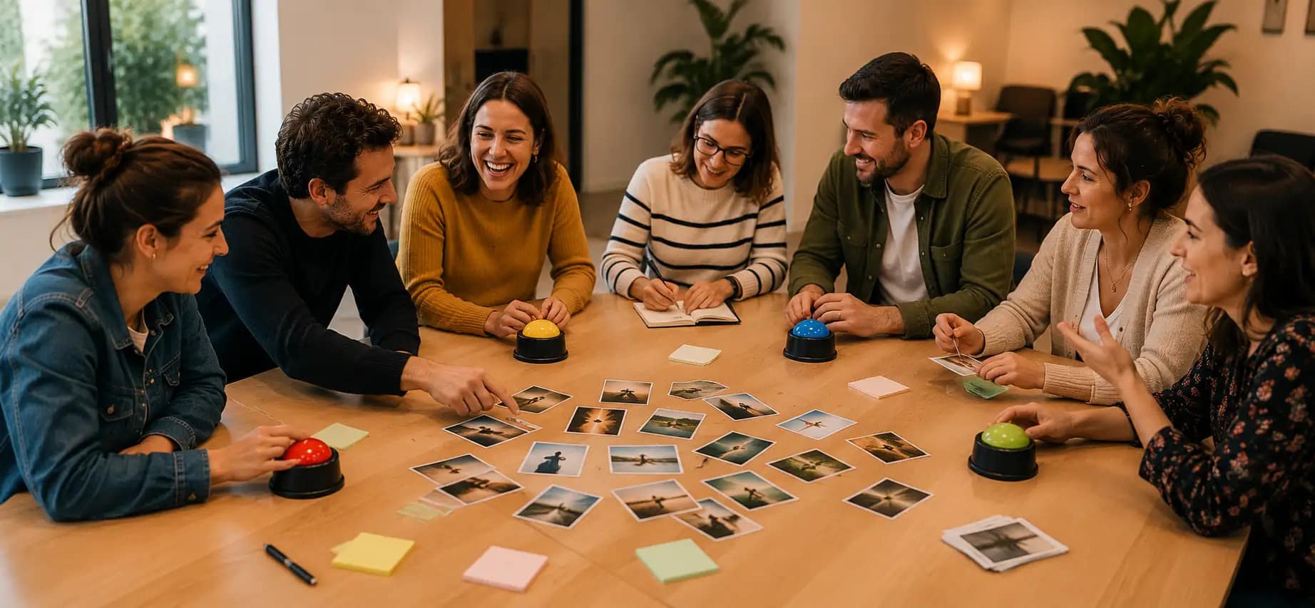Formation Dynamiser les temps collectifs : participants engagés dans une activité ludique de groupe utilisant des buzzers et des supports visuels pour favoriser la participation et l'intelligence collective.