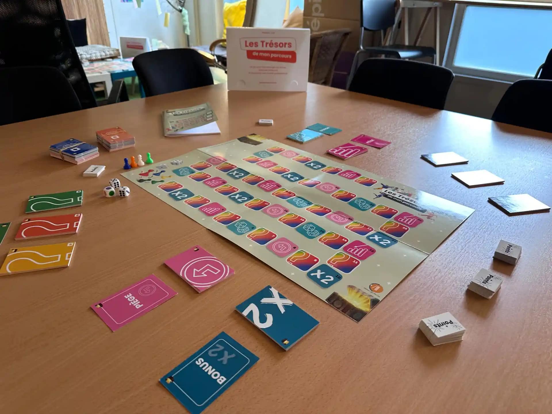 Jeu pédagogique Les Trésors de mon parcours installé sur une table avec plateau, cartes et supports d’animation favorisant la valorisation des compétences et des expériences.