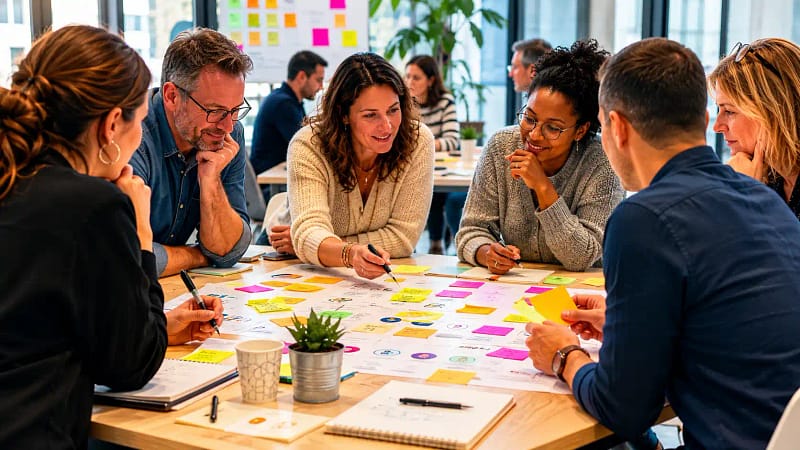 Professionnels participant à une expérimentation collective lors d'un atelier d'intelligence collective dans une salle de travail moderne.
