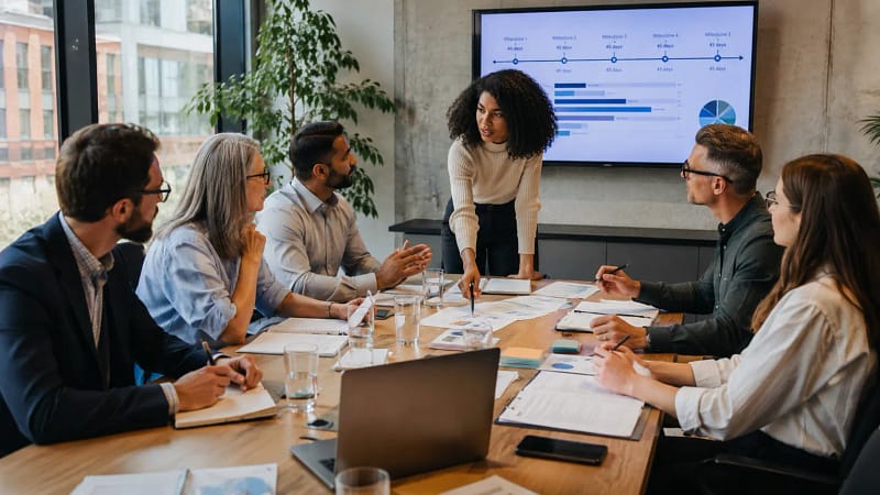 Équipe composée de profils variés échangeant autour d'un projet lors d'une réunion collaborative en entreprise.
