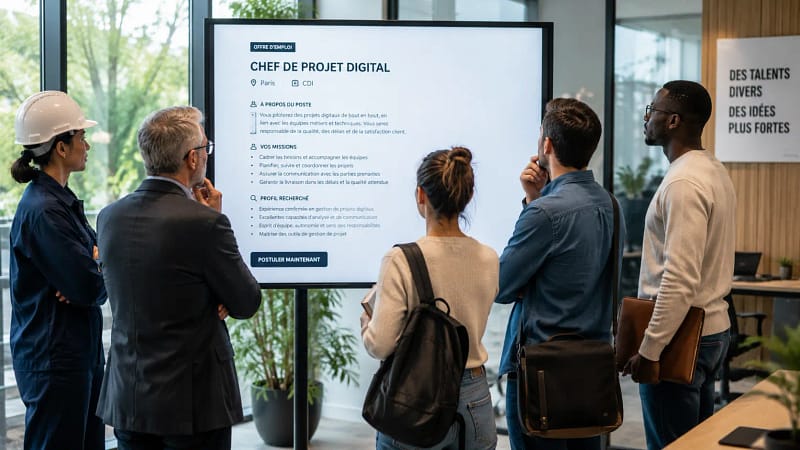 Plusieurs professionnels aux profils variés consultent la même offre d'emploi et évaluent leur légitimité à postuler.