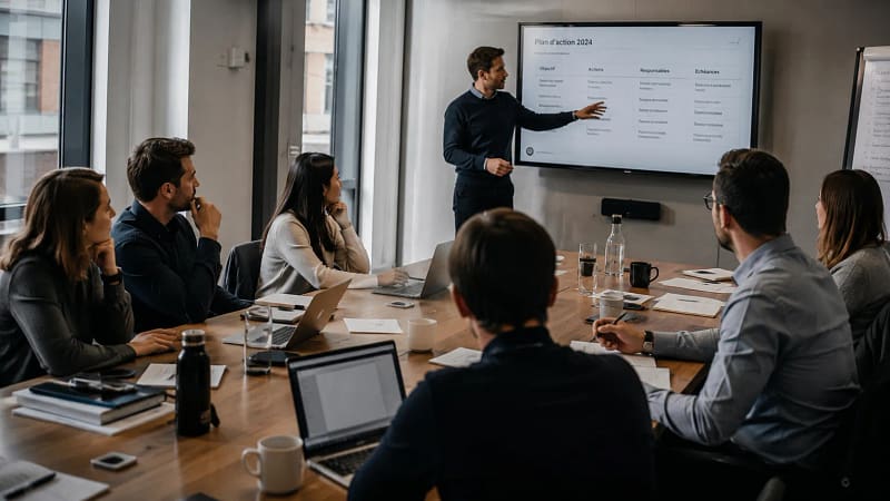Réunion d'équipe en entreprise où un responsable présente une décision tandis que les collaborateurs réfléchissent à sa mise en œuvre.