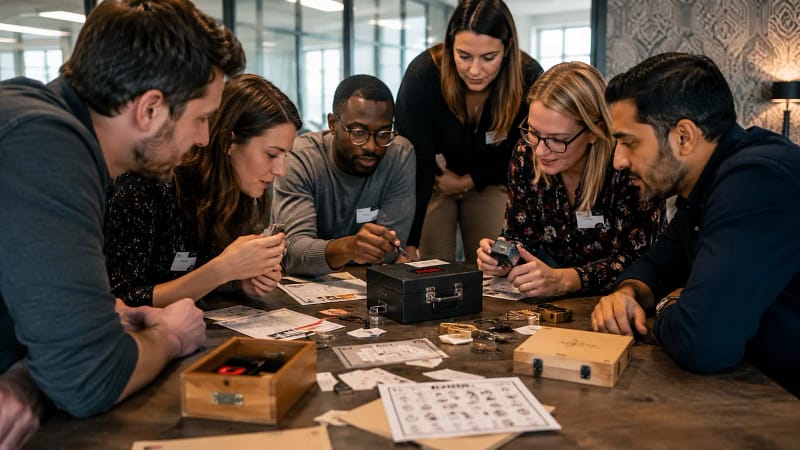 Professionnels participant à un défi collaboratif révélant des talents cachés et des compétences complémentaires au sein d'une équipe.