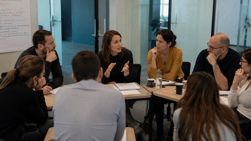Professionnels échangeant leurs expériences lors d'un atelier collectif favorisant l'apprentissage entre pairs et l'intelligence collective.