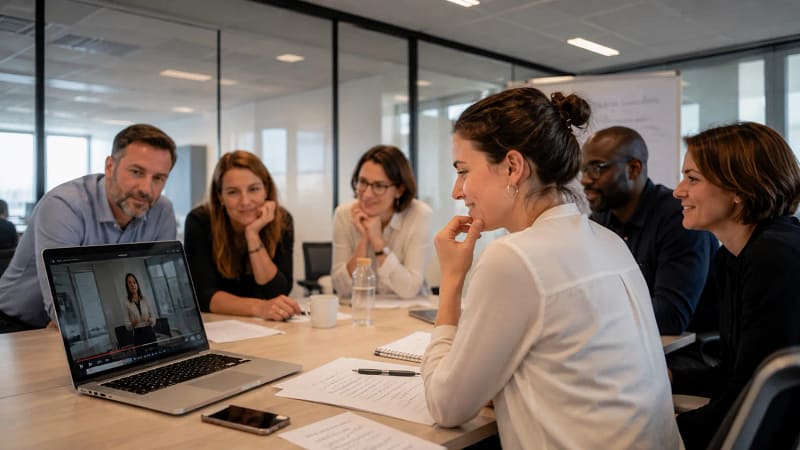Professionnelle observant son enregistrement vidéo lors d'un atelier de prise de parole afin d'améliorer sa communication et sa posture.