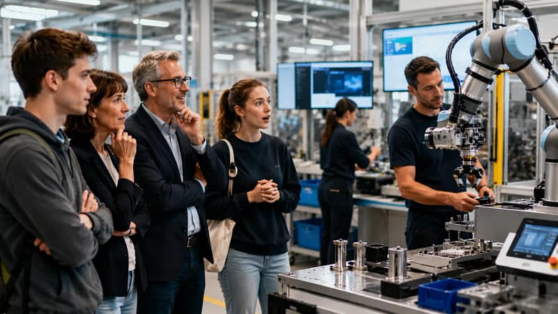Visiteurs découvrant un atelier industriel moderne et technologique lors d'une immersion professionnelle.