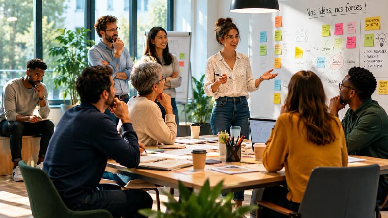 Collaborateur discret participant à un atelier d'équipe où les idées et les talents sont valorisés dans un climat de confiance.